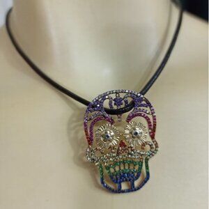 Vintage Sterling Silver Crystals Skull Rope Necklace